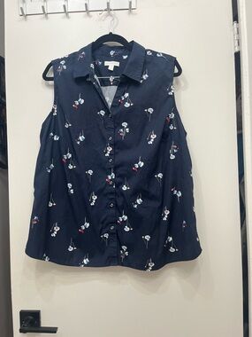 Sleeveless Navy Floral Button-Front Shirt -  Cotton Blend Sz 18